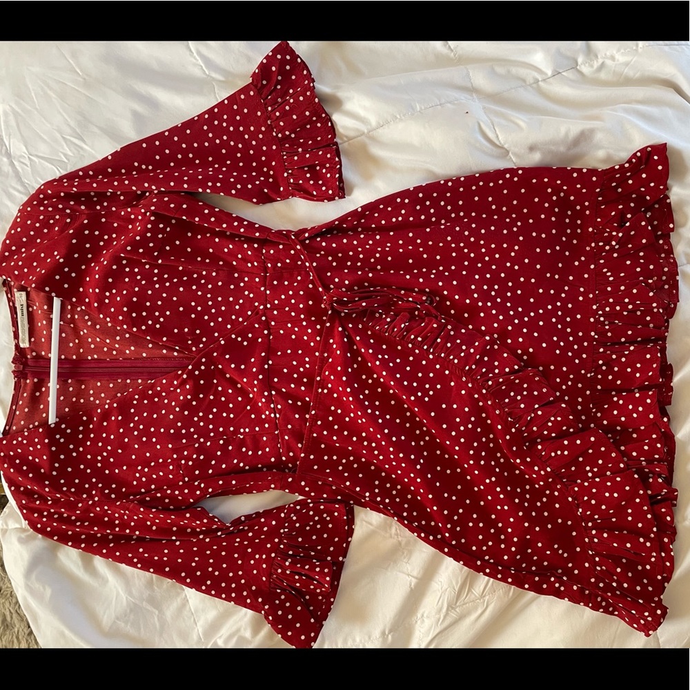 Red Polka Dot Wrap Ruffle Mini Dress - Long Sleeve